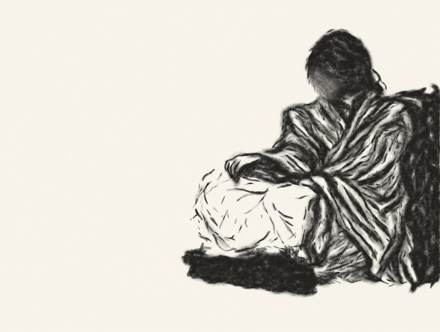 Hold · sheet 5: a seated figure from behind, after three critic/ChatGPT loops.