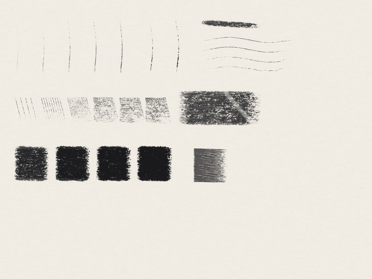 Material specimen: grades, charcoal, characters, stump, eraser.