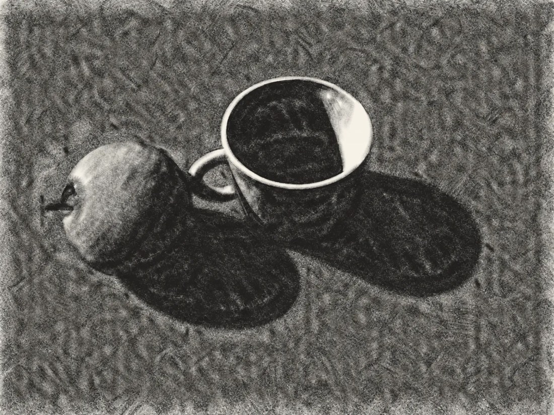 Hold · still life: the cup holds its dark inside a light rim; the apple’s dark lies outside it.