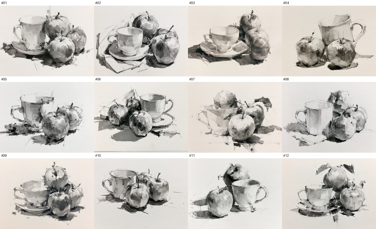 The default map, numbered for measurement: twelve Midjourney images of the still-life prompt.