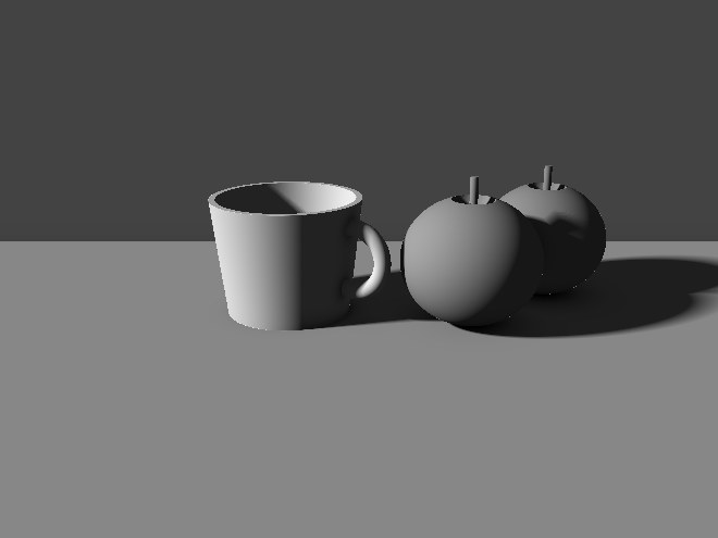 The first stage render: a cup and two apples, one light from the front left.