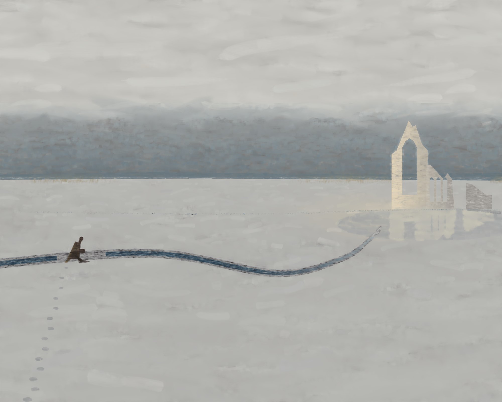 <span class="hold">Completed</span> · Winter Brook, P4: the walker and the ruin on one ground plane, after five completion tests.