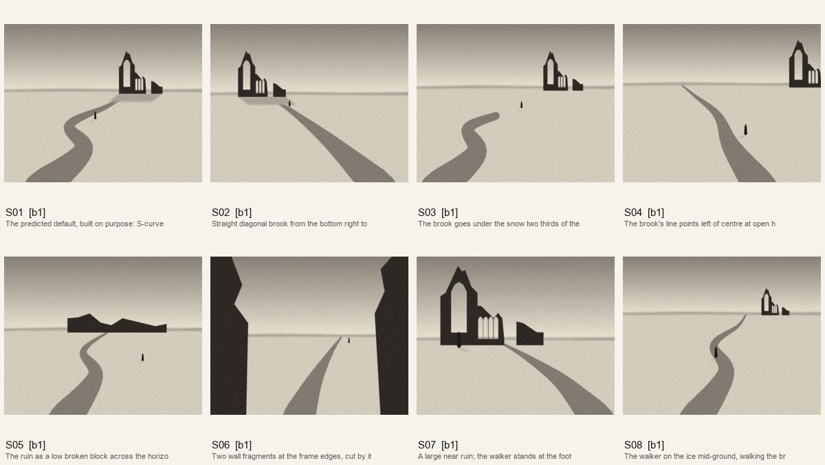 One of the contact sheets: value-and-structure studies; repeats that changed only value were refused.