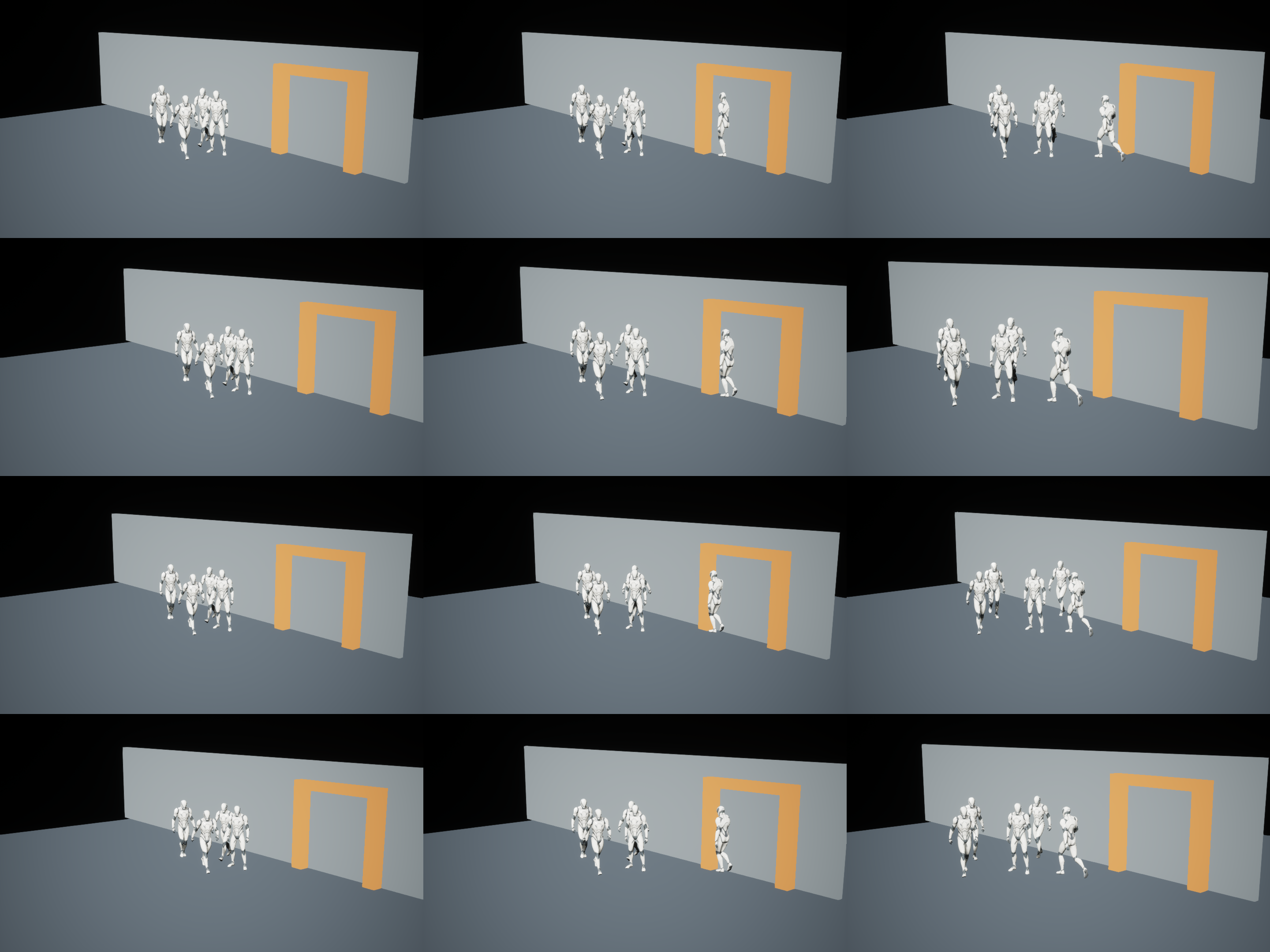 Matched frames from camera-led, blocking-led, and balanced revisions of the same five-character beat