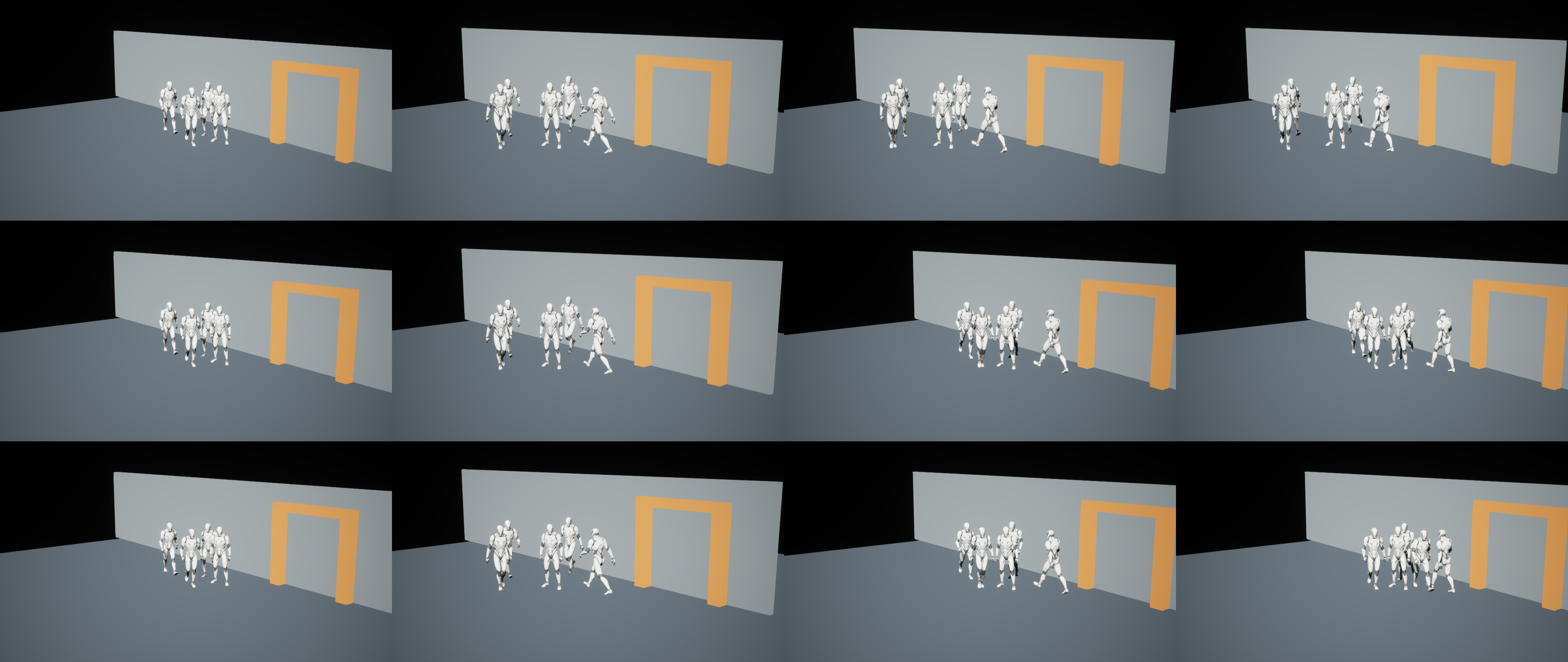 Three cumulative versions of a sixteen-second Unreal sequence at matched moments