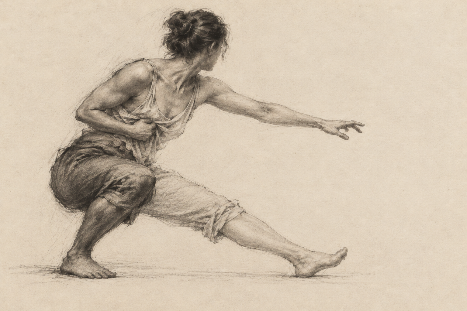Pelvis moved back and down, front heel brakes and the rear leg bears the crouch. The requested weight change is visible, but the extended leg and arm still produce the recognizable silhouette of an exercise or stretch. The emotional contradiction remains weak.
