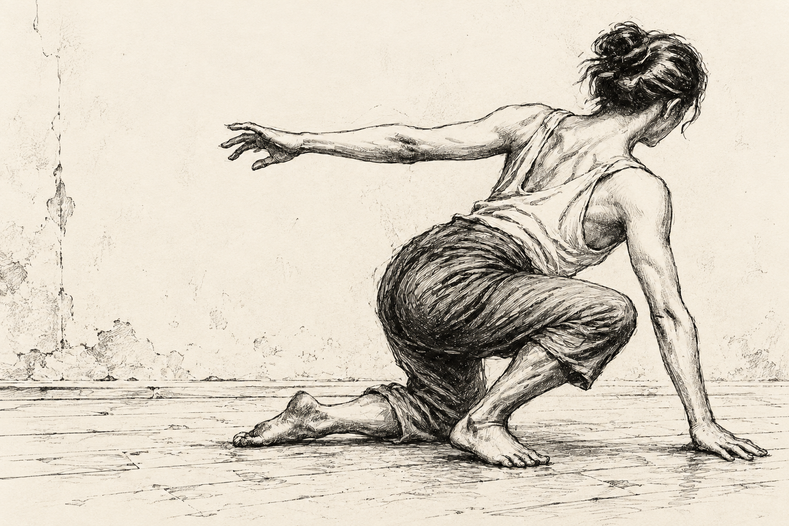 Crouching figure with firm, loose dark linework in a worn workroom
