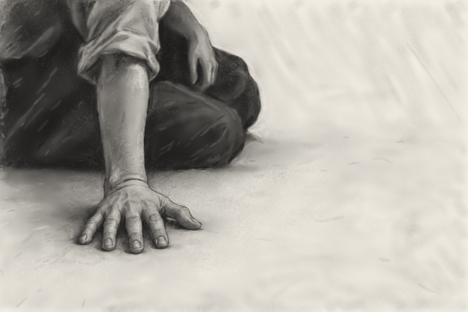 Revised native charcoal drawing with four fingers and thumb on planted hand